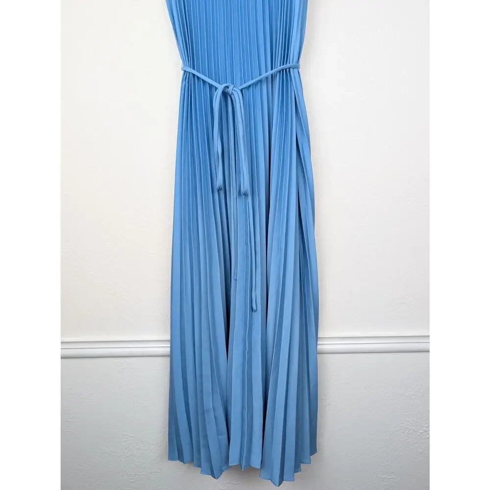 Vince Relaxed Plisse Dress Midi Accordion Pleat Satin Coquette Fairy Blue Size S